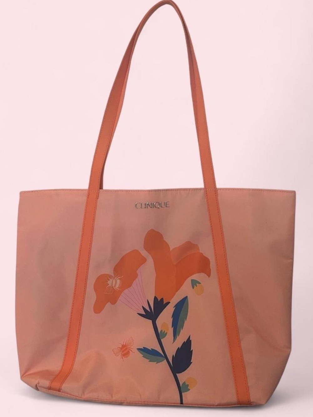 Clinique Coral Peach Floral-Accent Tote